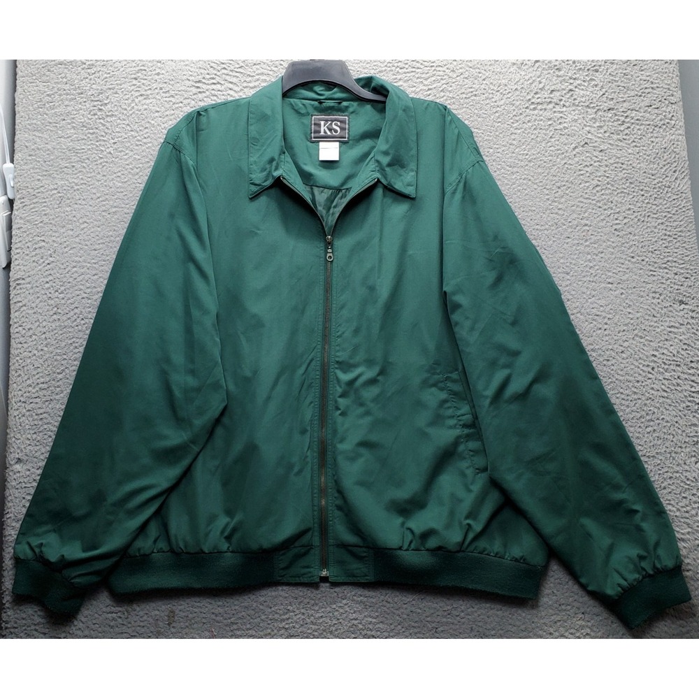 Vintage KS Jacket Mens 3XL Green Ribbed Hem & Cuff Lightweight Outerwear Zip Up